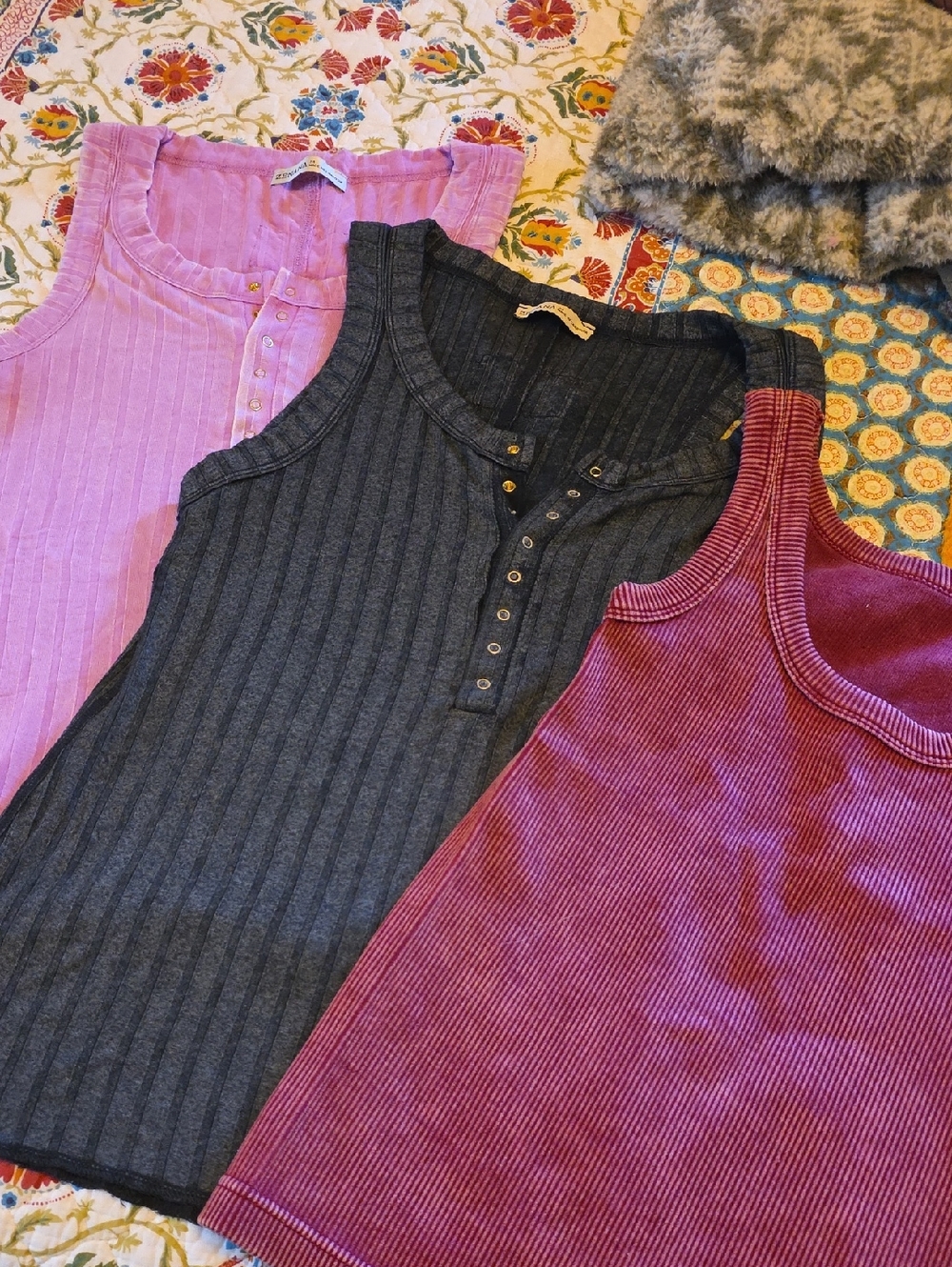 Zenana Outfitters Ribbed Henley Tanks - Pink, Black And Red